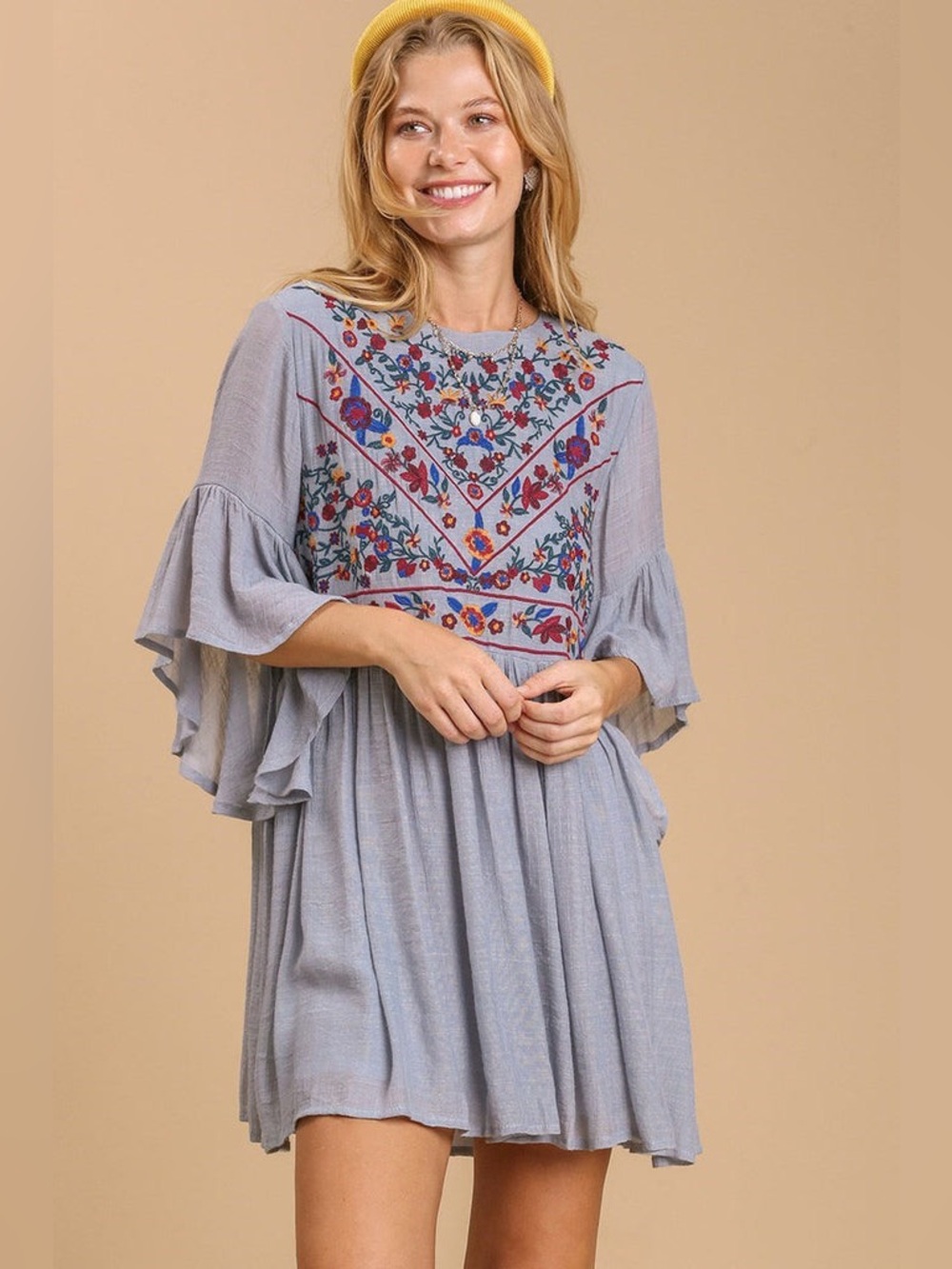 Umgee Floral Embroidered Bell Sleeve Mini Dress 1X Boho